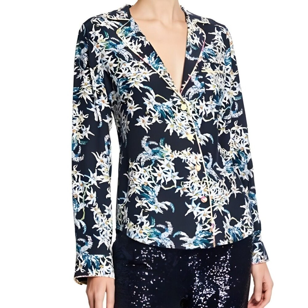 Cinq a Sept Juliet Floral Print Silk Button Front Pajama Style Casual Blouse Top